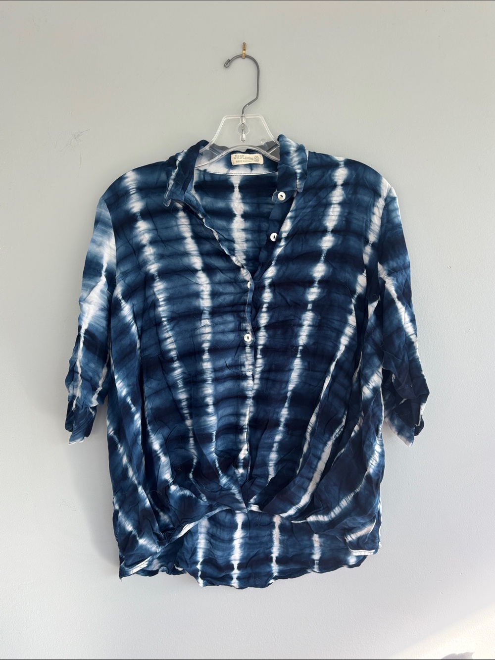 Just Living Navy and White Tie-Dye Button Front Shirt